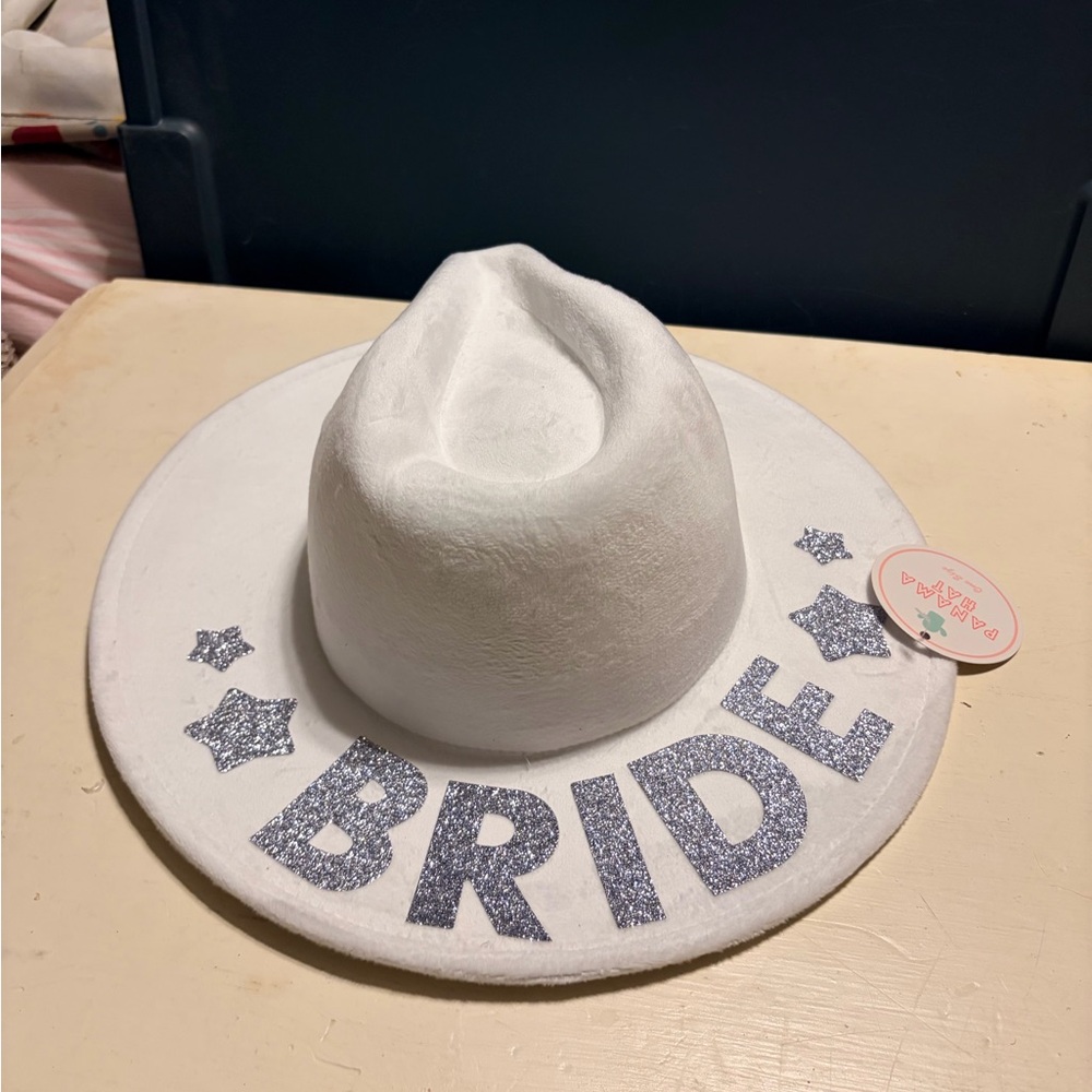 White 'BRIDE' Glitter Letter Wide-Brim Hat